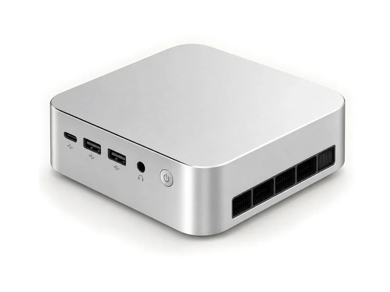 Silver compact mini PC with segmented side vent on a light studio background