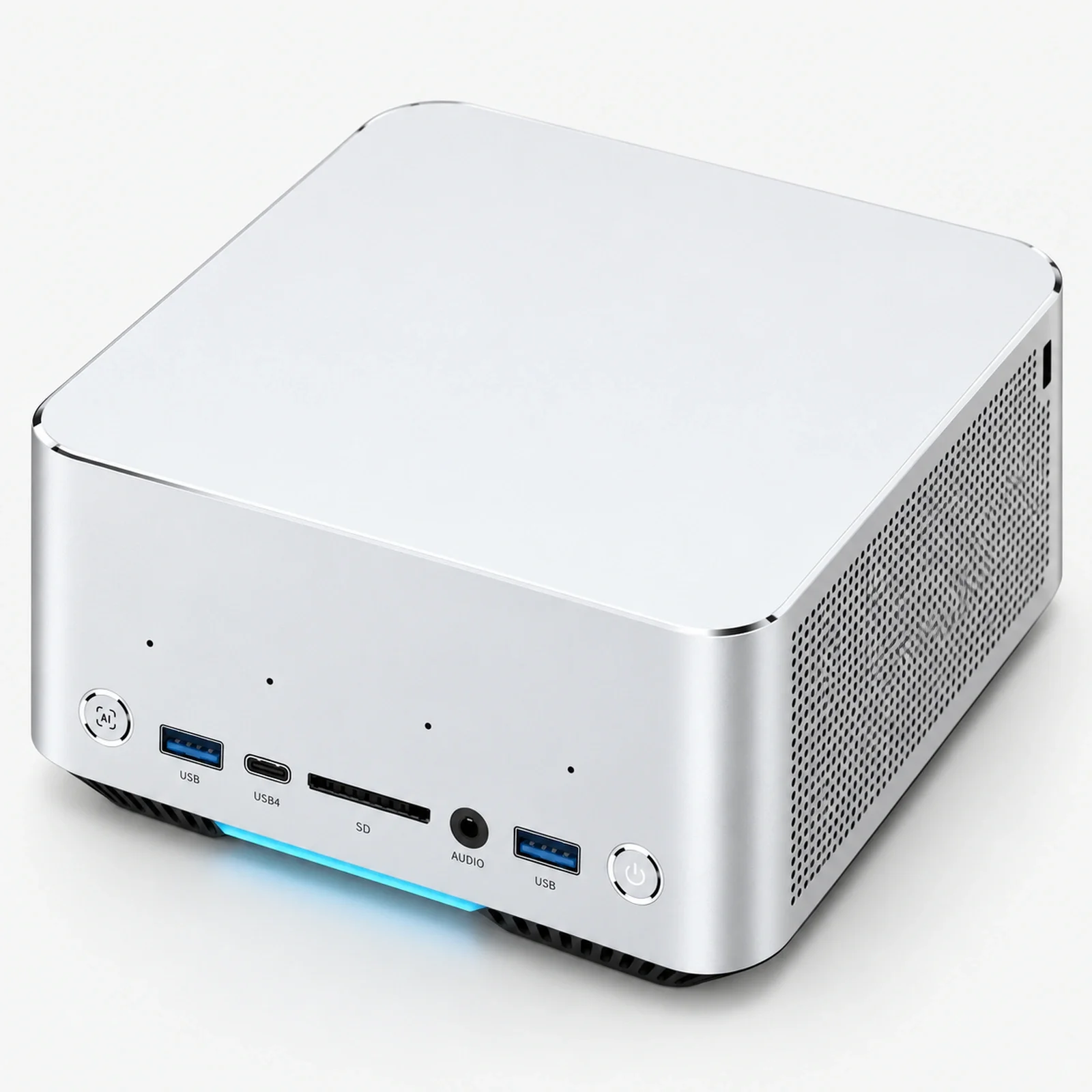 Silver-white mini workstation on a light studio background
