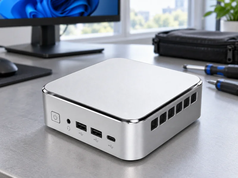 Illustration: Silver compact mini PC with glossy edge trim on a workbench