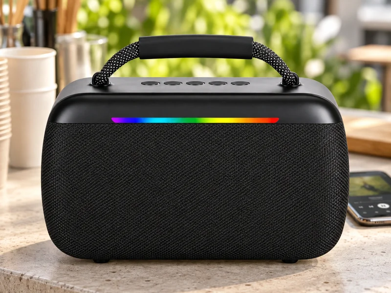Illustration: Black portable mesh speaker on a sheltered cafe counter