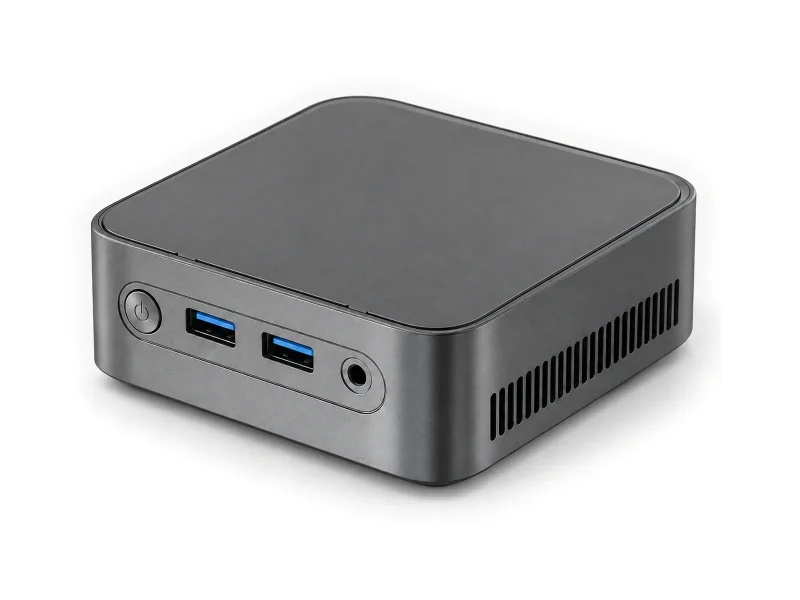 Dark graphite mini PC on a light studio background