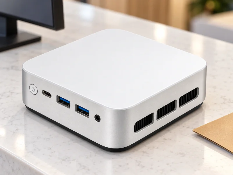 Illustratie: Compact white mini PC at a hotel reception