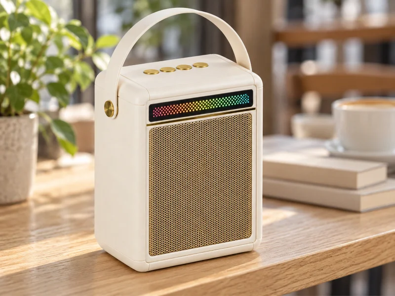 Ilustrasi: Ivory upright retro speaker with gold grille and top dotted light strip on a shelf in the UK