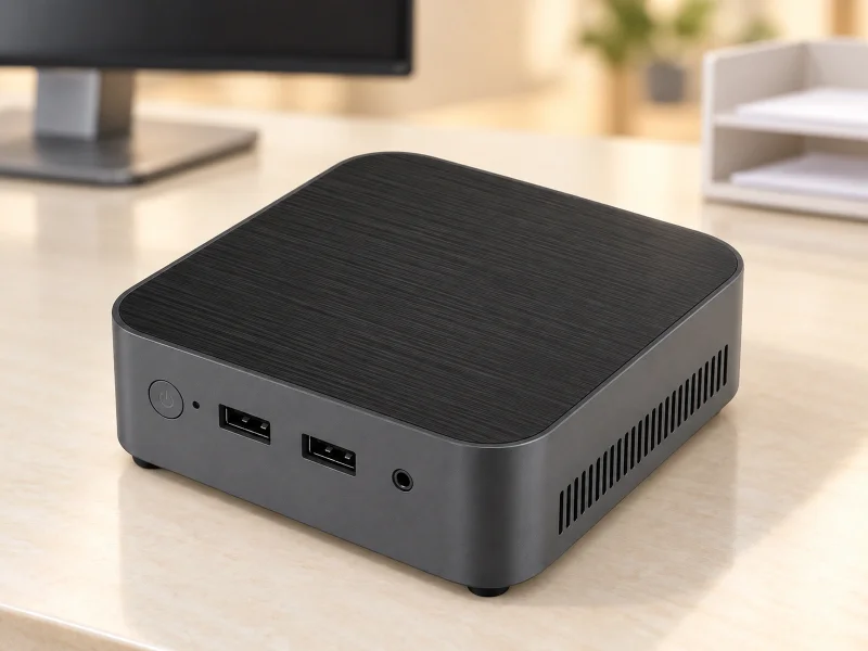 Illustratie: Dark grey mini PC with fine-lined black top and two black USB-A ports on a counter