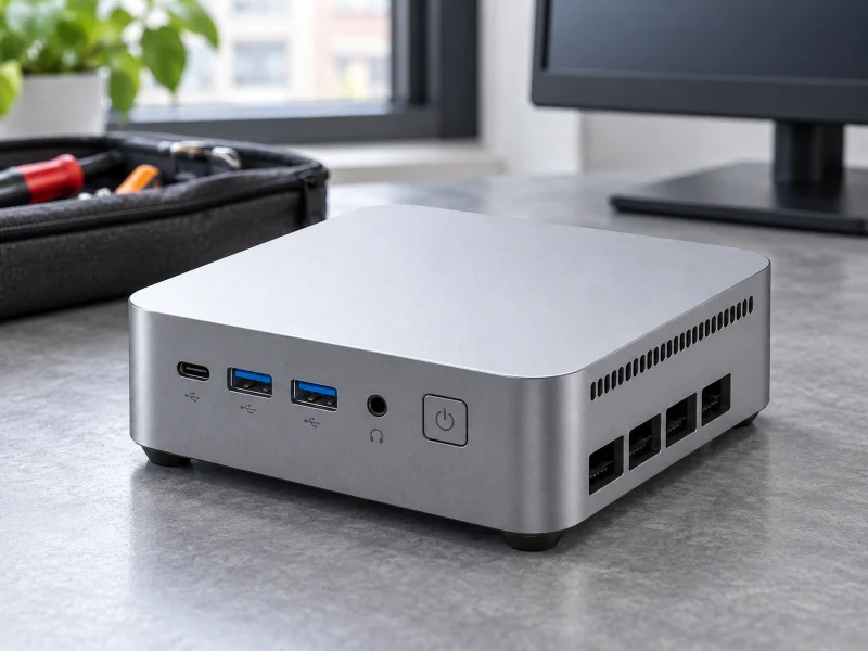 Illustratie: Gray mini PC with blue USB sockets and square power button on a workbench