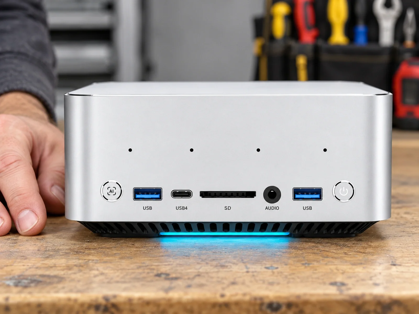 Illustration: Silver-white mini workstation on an installer workbench