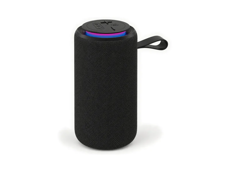 Tall cylindrical woven speaker with raised illuminated top disk on a light studio background