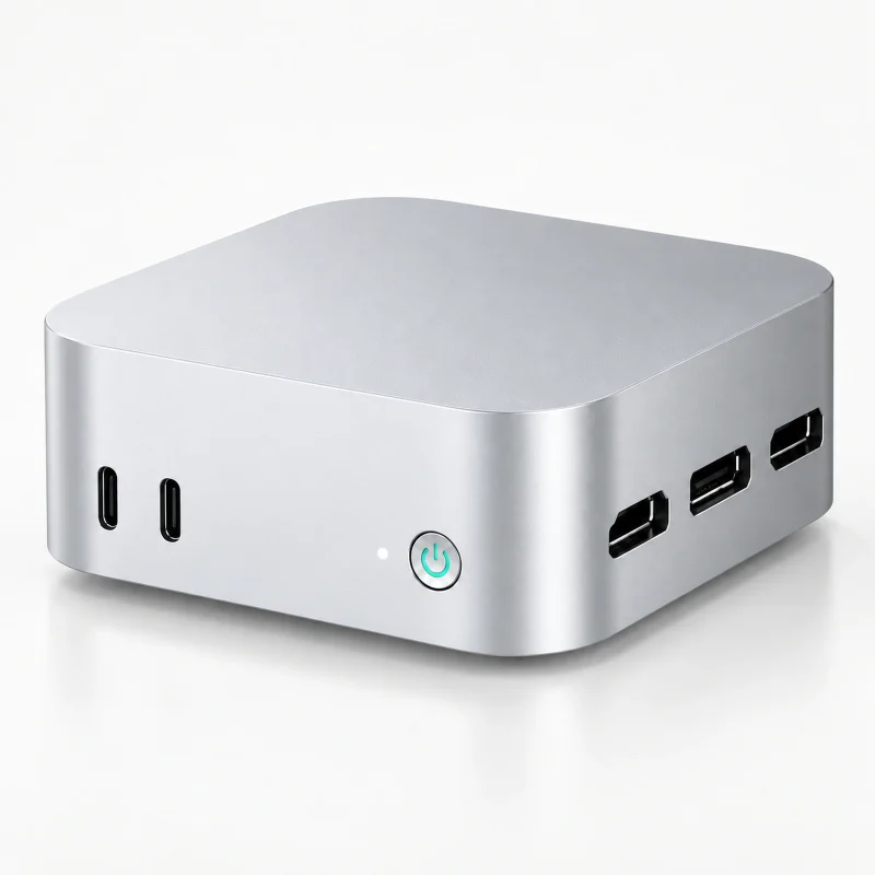 Compact silver mini PC with green power button on a light studio background