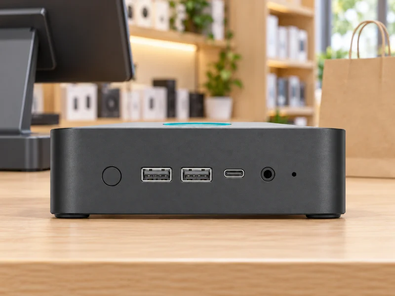 Illustration: Compact graphite mini PC with round power button, two front USB-A, USB-C and audio on a counter in Malaysia