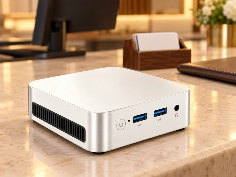 Illustratie: Bright pale silver mini PC with blue USB-A ports and left slatted vent on a counter