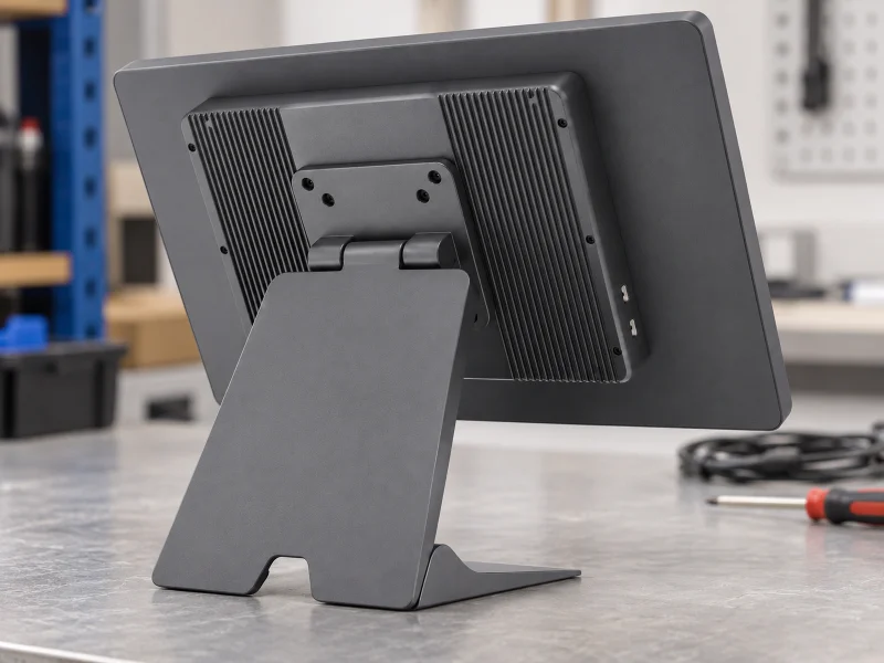 Illustration: Graphite POS terminal rear view with finned housing and broad folding stand on a workbench in the UK