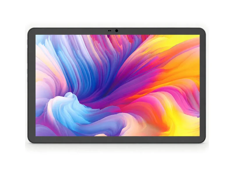 Graphite landscape tablet with three top-bezel apertures on a light studio background