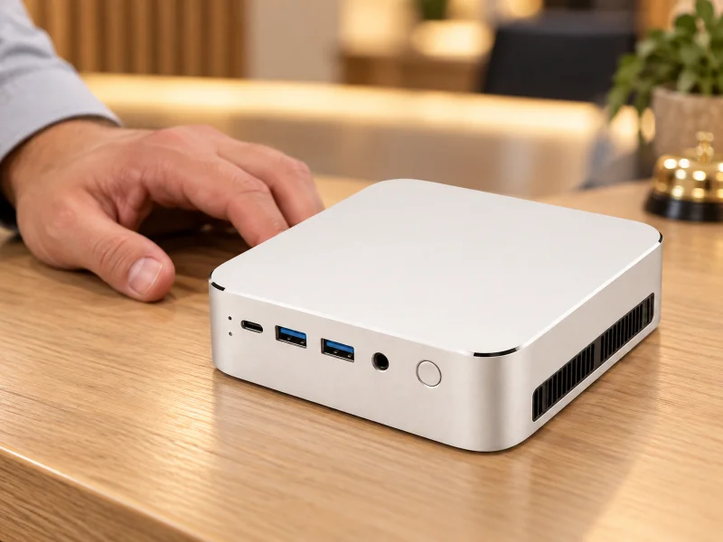 Ilustrasi: White and silver mini PC on an installer workbench
