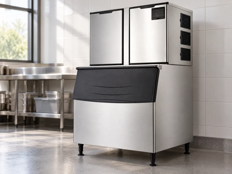 Illustration: Wide modular stainless cube ice maker on a desk