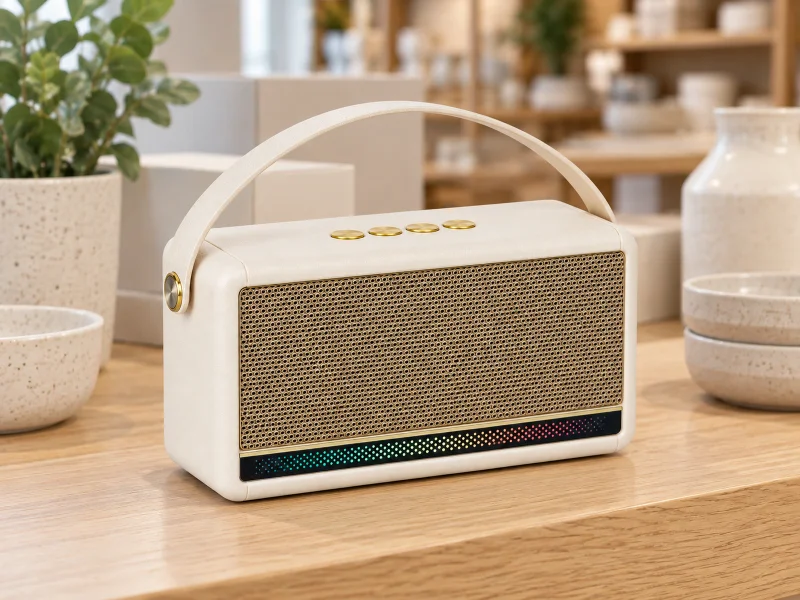 插图：Ivory portable retro speaker with gold grille, arched strap and dotted light bar on a counter in Malaysia