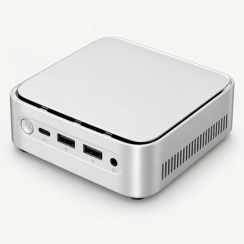 Pale silver mini PC with black lid seam and USB-C front port on a light studio background