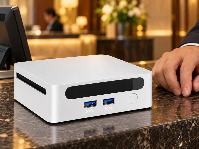 Illustration: Compact white mini PC on a hotel reception counter