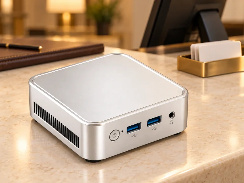 Illustratie: Pale silver mini PC with fine top rim and blue USB-A ports on a counter