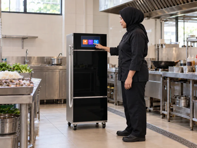 插图:Compact enclosed cooking robot on a desk in Malaysia