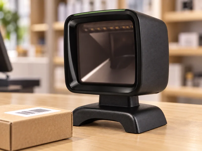 Ilustrasi: compact fixed desktop barcode scanner on a counter
