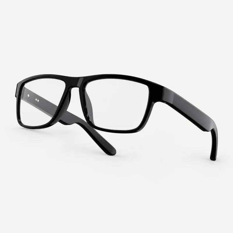 Black rectangular audio glasses with clear lenses on a light studio background