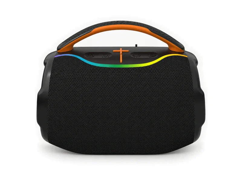 Black compact speaker with an orange-lined carry handle and rainbow edge light on a light studio background