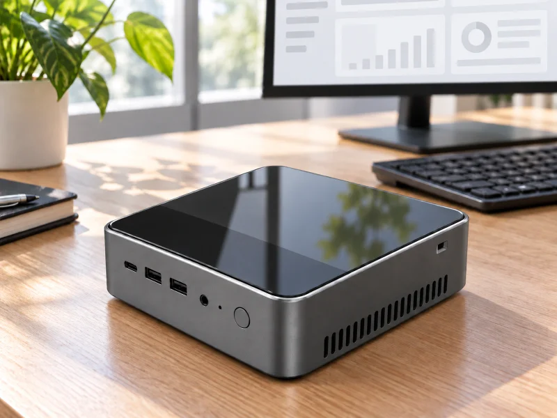 Ilustrasi: Glossy black and grey mini PC on a desk