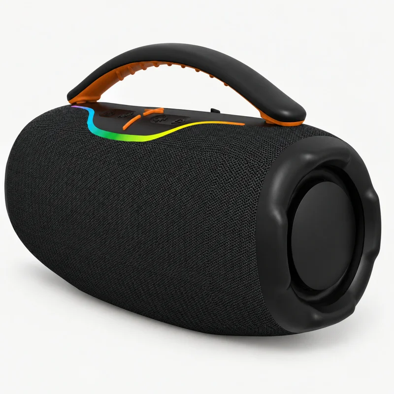 Black barrel speaker with an orange-lined carry handle and top rainbow strip on a light studio background