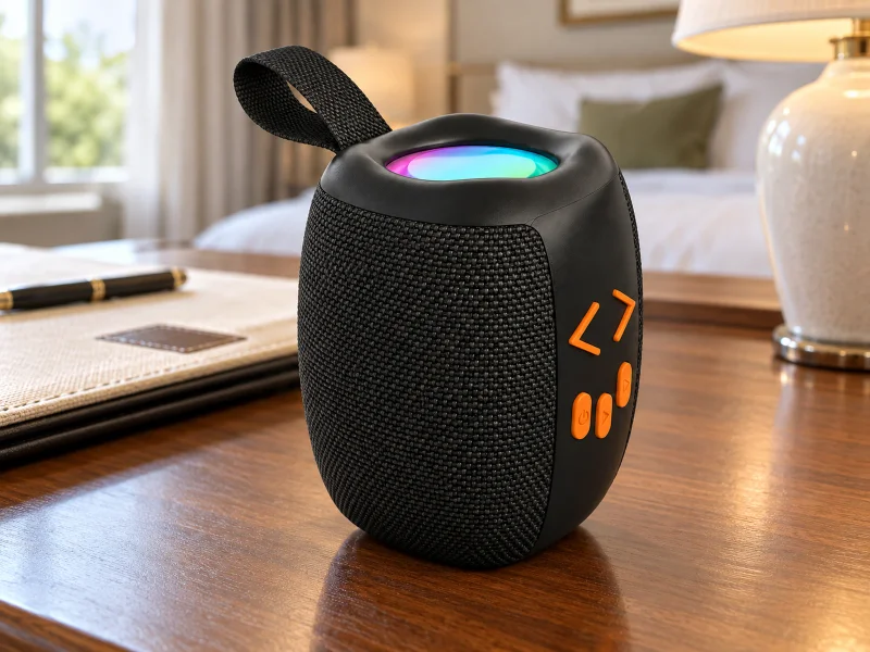 Illustration: Compact woven portable speaker with carry loop and RGB top on a desk in the UK