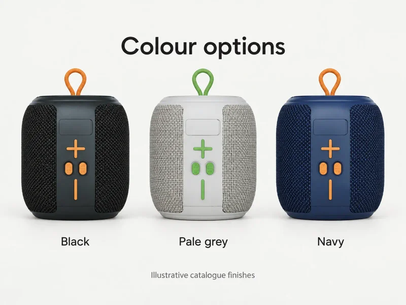 Compact upright woven portable speaker with loop and front controls in all documented colour options side by side