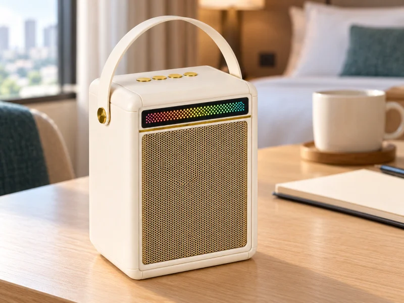 Ilustrasi: Ivory upright retro speaker with gold grille and top dotted light strip on a desk in Malaysia