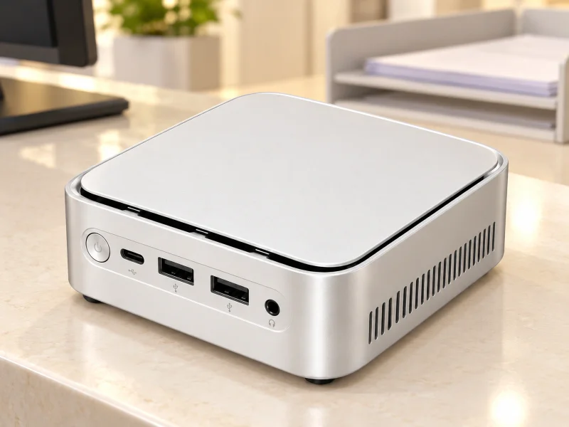 插图：Pale silver mini PC with black lid seam and USB-C front port on a counter