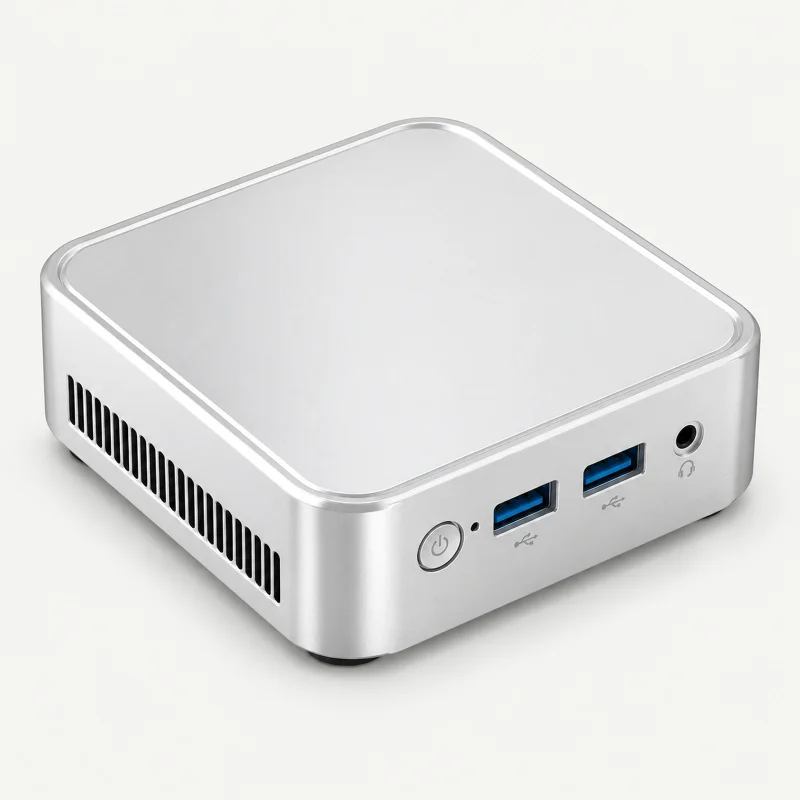 Pale silver mini PC with fine top rim and blue USB-A ports on a light studio background