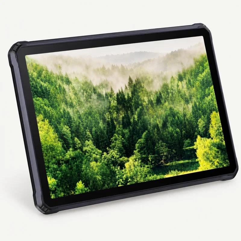 Black rugged tablet with a forest image on its screen on a light studio background