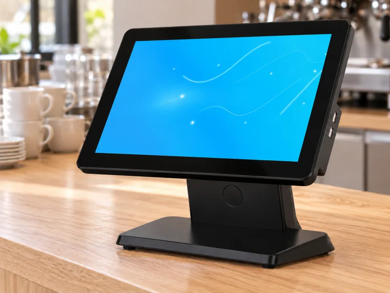 Illustration: Black single-screen POS touchscreen on broad sloping pedestal on a counter in Malaysia