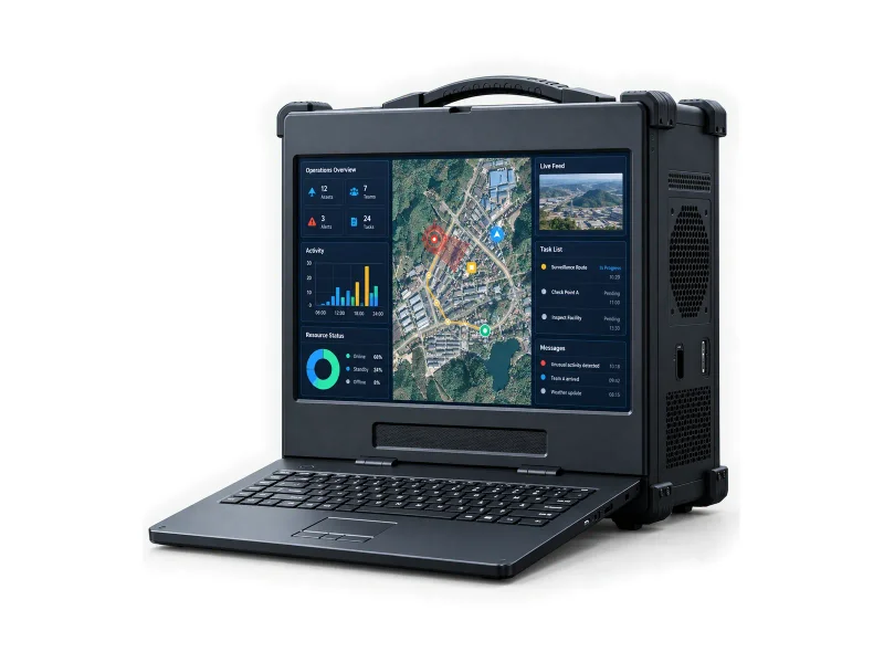 Dark rugged portable workstation with folding keyboard on a light studio background