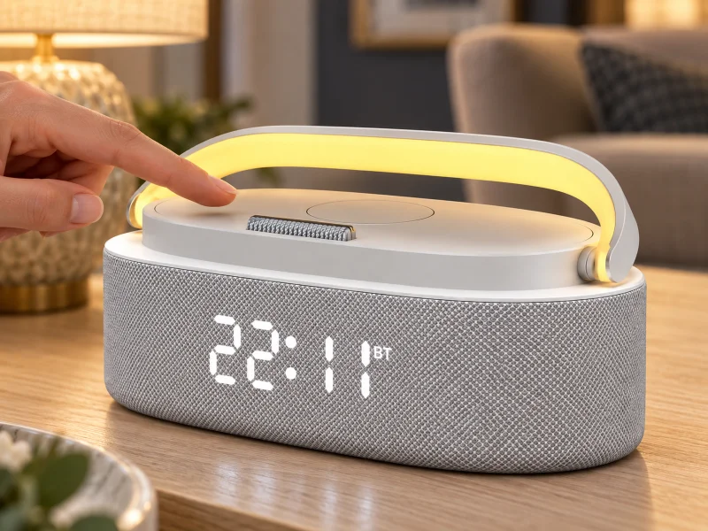Illustration: White charging clock speaker in a hotel lobby