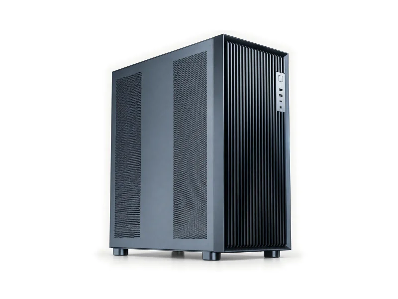Bluegray tower workstation with twin side vents and vertical front ribs on a light studio background