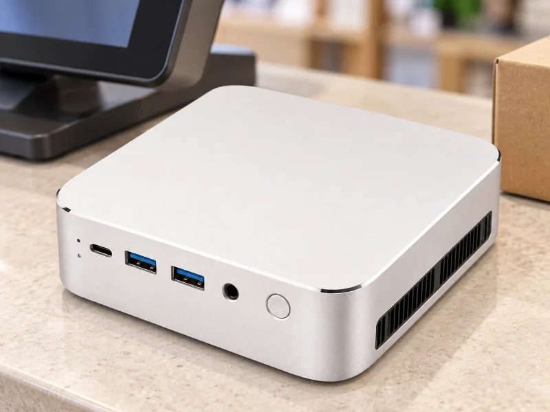 Ilustrasi: White and silver mini PC at a retail checkout