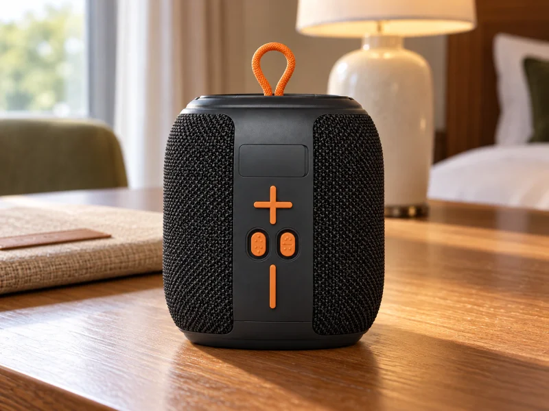 Illustration: Compact upright woven portable speaker with loop and front controls on a desk in the UK
