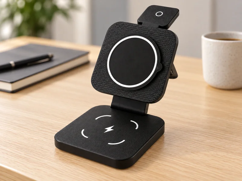 Illustration: Black open folding three-in-one charging stand on a desk in Singapore