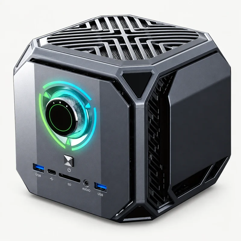 Gunmetal armored cube mini PC with circular RGB mode dial on a light studio background