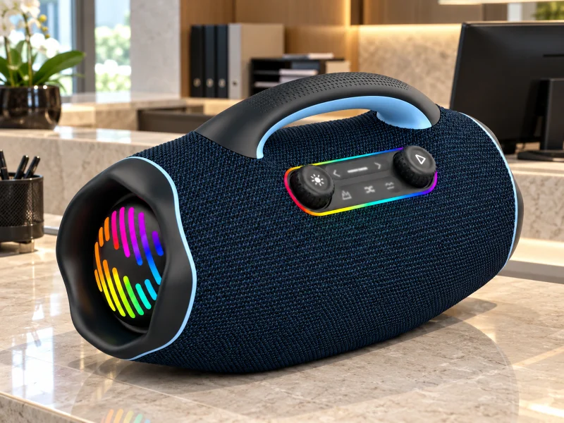 插图：Dark navy portable carryhandle speaker on a desk