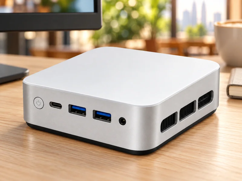 Illustratie: Compact white mini PC in a cafe office