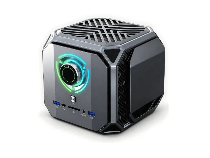 Gunmetal armored cube mini PC Pro with circular RGB mode dial on a light studio background