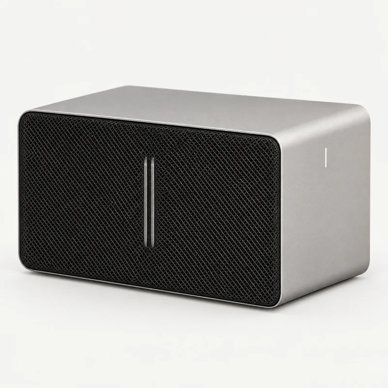 Compact silver workstation with black mesh front on a light studio background