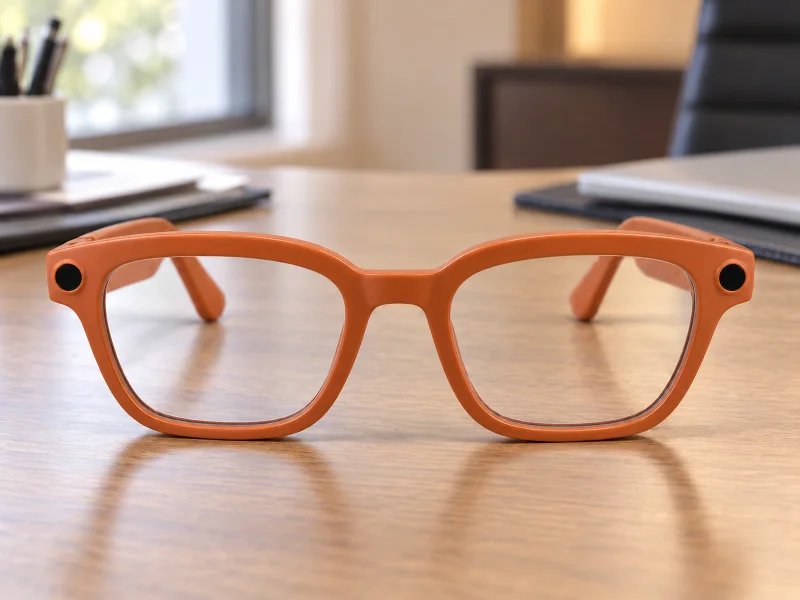 Illustration: Orange camera glasses with clear lenses on a desk in the UK