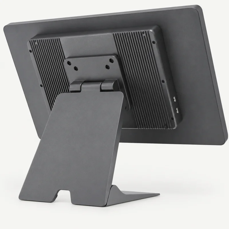 Graphite POS terminal rear view with finned housing and broad folding stand on a light studio background