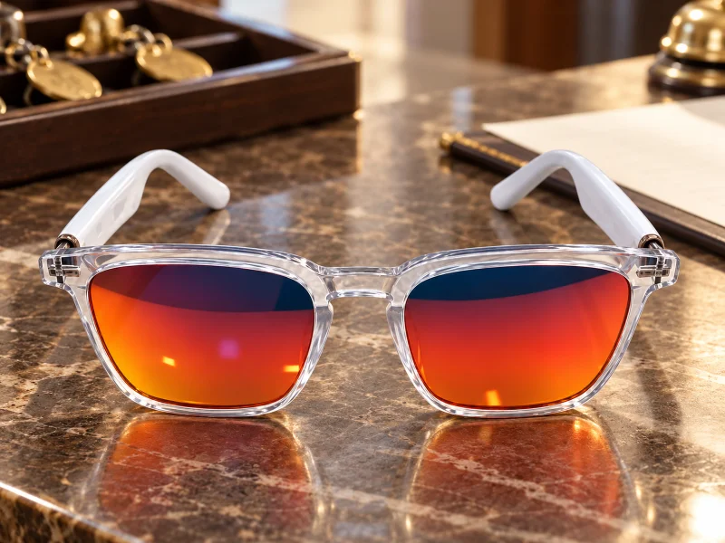 Illustratie: Clear-frame smart sunglasses with orange mirrored lenses and white temples on a desk in the UK