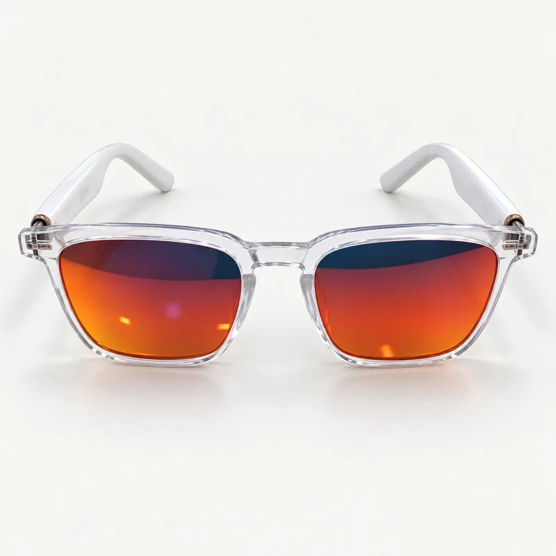 Clear-frame smart sunglasses with orange mirrored lenses and white temples on a light studio background